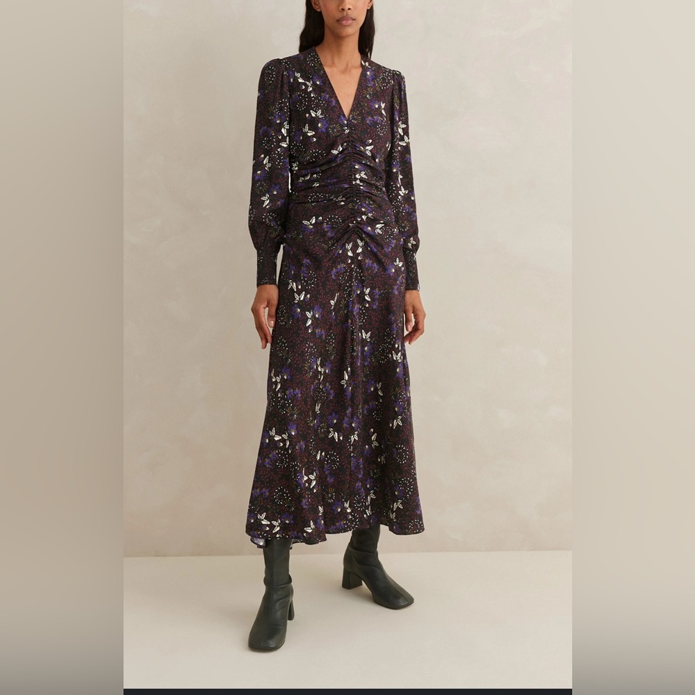 Me+EM Wild Meadow Print Ruched Midi Dress Satin Printed Woven - Size US 2